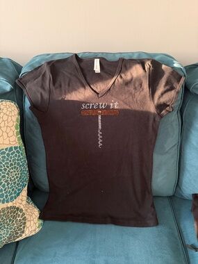 Women's Black V-Neck Tee with 'Screw It' Rhinestone Corkscrew Design